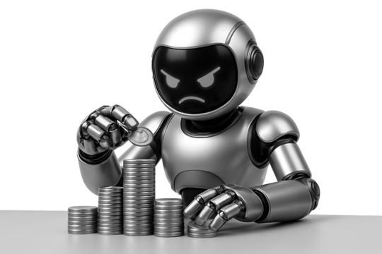Angry silver robot with a dark face counting and stacking silver dollar coins into a growing financial stack representing debt and expenses isolated on transparent background