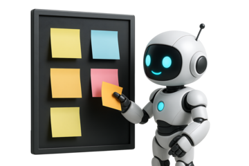 Friendly white robot putting a colorful sticky note on a black board representing business organization, planning, task management, and daily reminders isolated on transparent background