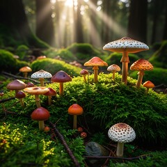 Enchanting Mushroom Grove Bathed in Sunlight - A Forest Floor Delight.