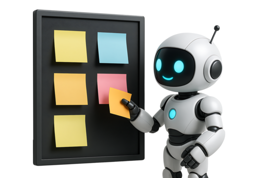 Friendly white robot putting a colorful sticky note on a black board representing business organization, planning, task management, and daily reminders isolated on transparent background