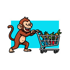 Happy Cartoon Monkey Pushing Shopping Cart with Groceries Illustration