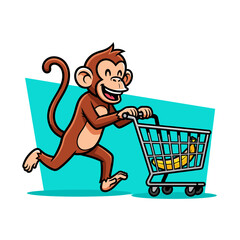 Energetic Cartoon Monkey Running with Shopping Cart of Bananas