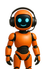 Orange robot wearing headset with microphone representing customer service and technical support isolated on transparent background