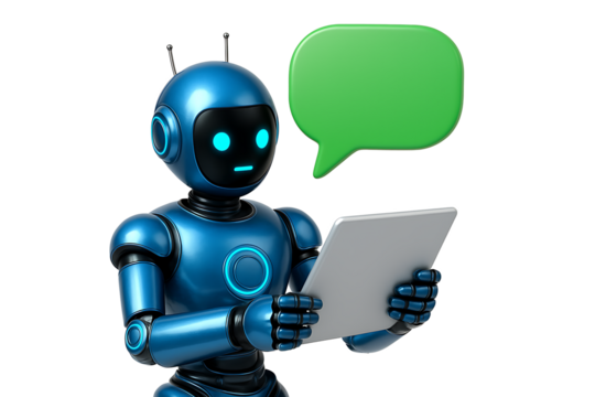 Blue glossy robot holding tablet displaying green speech bubble representing chatbot communication and support isolated on transparent background
