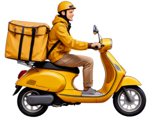  Smiling Delivery Guy on Yellow Scooter with Food Bag Illustration