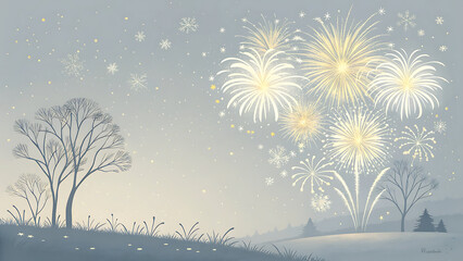 Winter landscape with bare tree and distant fireworks display