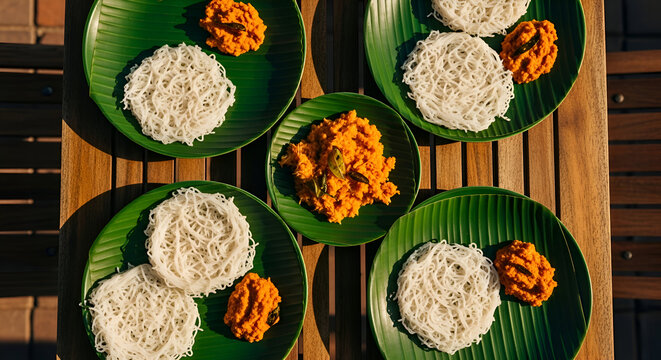 Delicious South Indian Breakfast Composed Of String Hoppers and Flavored Coconut Chutney