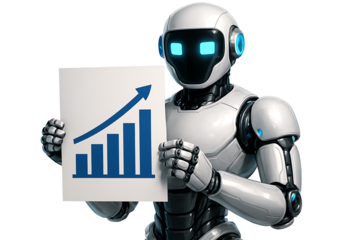 White friendly robot character holding a sign displaying a blue bar graph with an upward trend arrow, symbolizing business growth and success, isolated on transparent background