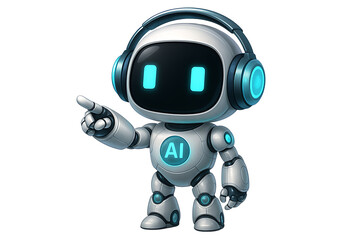 Small white robot with blue headphones and glowing ai symbol pointing finger for guidance or presentation isolated on transparent background