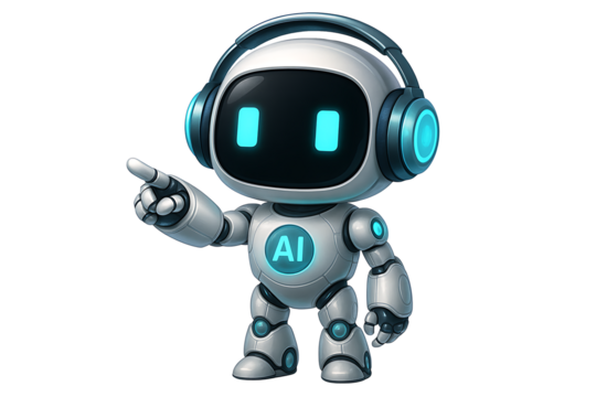 Small white robot with blue headphones and glowing ai symbol pointing finger for guidance or presentation isolated on transparent background