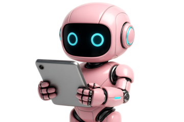 Cute pink robot with bright blue circular eyes focused on a silver tablet device it is holding, perfect for tech or learning concepts, isolated on transparent background