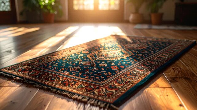 Ornate rug on wooden floor in warm sunlight decorative interior design