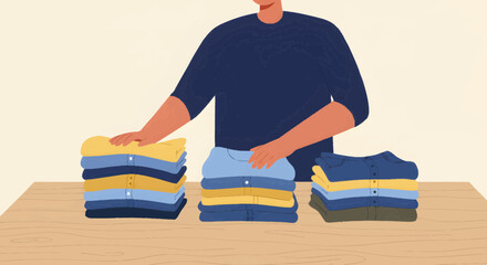 A person neatly folding and organizing stacks of colorful clothes on a wooden table, demonstrating tidiness and domestic chores.