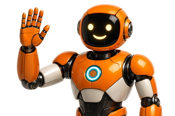 Orange friendly robot mascot character with a bright smiling face waving its hand hello, digital illustration of artificial intelligence and positive technology, isolated on transparent background