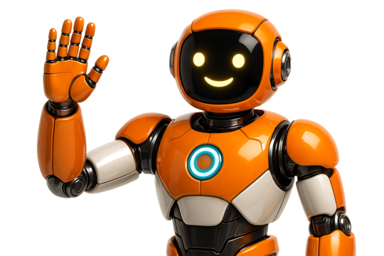 Orange friendly robot mascot character with a bright smiling face waving its hand hello, digital illustration of artificial intelligence and positive technology, isolated on transparent background