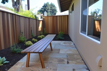 Naklejka premium A serene backyard featuring a wooden bench, stone patio, and neatly arranged plants, perfect for relaxation and outdoor enjoyment.