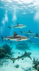 Caribbean Reef Sharks Swimming in Clear Turquoise Water.