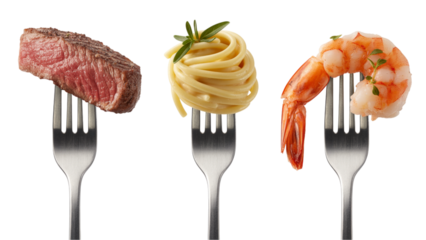 Three silver forks with different food a slice of beef, spaghetti, and a shrimp