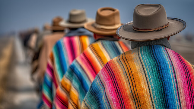 Gauchos in colorful ponchos and hats walking together at Feria de la Tradici&oacute;n Gaucha cultural celebration