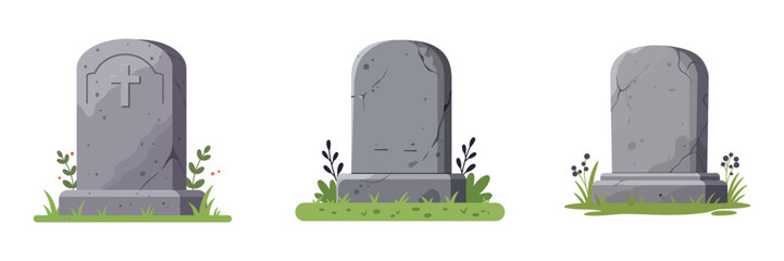 Halloween Spooky Gray Grave Marker Icons with Grass