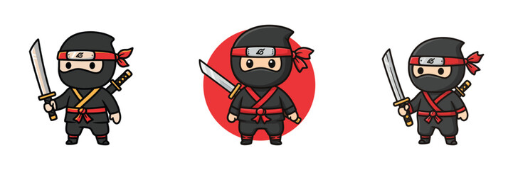 Cute Ninja Character Set with Sword in Cartoon Style © GStock