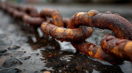 Close-up of a weathered rusty heavy industrial chain resting on a wet gritty surface. Strong texture and metallic tones evoke age, strength, and industrial decay.