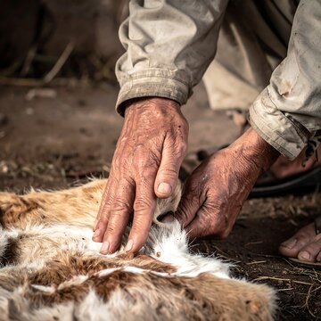 A close-up shows weathered hands inspecting a light-colored animal hide. The scene is set outdoors with a natural, earthy backdrop