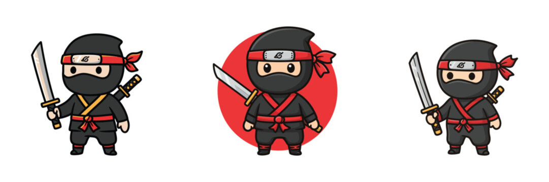 Cute Ninja Character Set with Sword in Cartoon Style