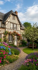 Charming Half-Timbered House with Vibrant Flower Garden in Normandy.