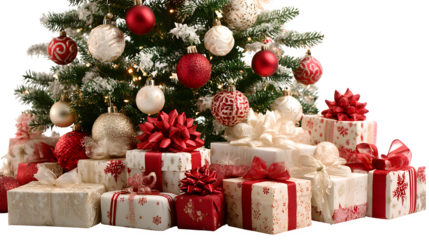 Elegant Christmas tree with sparkling ornaments and large holiday gift boxes placed around isolated on white background