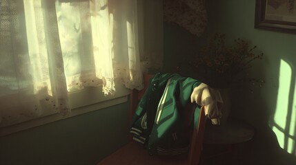 Cozy vintage jacket draped on chair bathed in warm sunlight streaming through lace curtains creating a nostalgic and inviting atmosphere