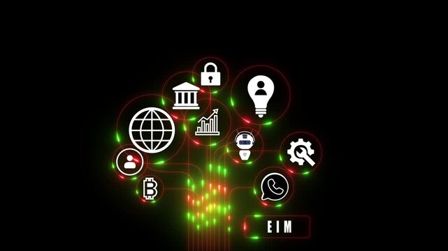 Animated EIM technology illustration connecting data points across a modern digital interface. Futuristic digital technology infographic.4k animation.