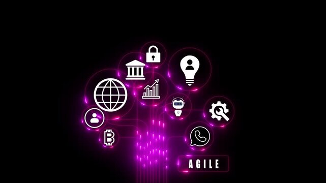 Concept of agile software development. Glowing blue neon line circle animation.4k motion video.