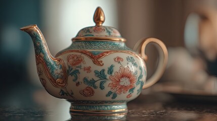A close-up view of a beautifully crafted porcelain teapot, featuring intricate floral designs in soft colors, predominantly turquoise and coral, with delicate gold accents. The teapot has a distinctiv