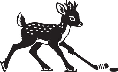 Cute deer playing ice hockey silhouette, black and white