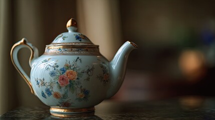 An exquisite porcelain teapot adorned with colorful floral patterns, featuring ornate golden accents. The teapot is positioned elegantly on a reflective surface, with a softly blurred background creat