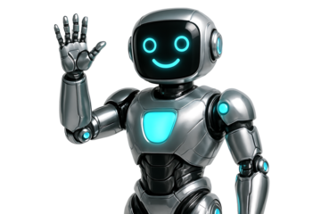 The friendly metal robot raises its hand in a greeting gesture, featuring a bright, smiling blue digital face and polished chrome body, isolated on transparent background