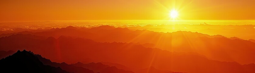 Obraz premium A stunning sunset over mountainous terrain, with vibrant orange and yellow hues illuminating the sky, creating a breathtaking natural scene.