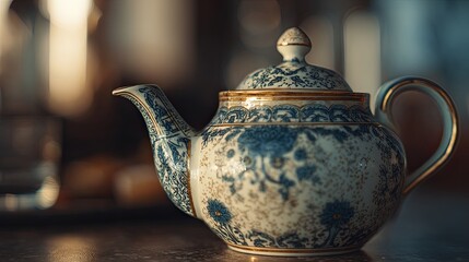 A beautifully detailed porcelain teapot with intricate blue floral patterns and gold accents, sitting on a rustic table. The teapot is elegantly shaped, featuring a rounded body, a delicate spout, and
