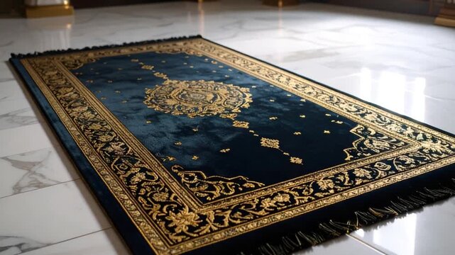 Ornate textile displayed with blue and gold patterns on clean surface