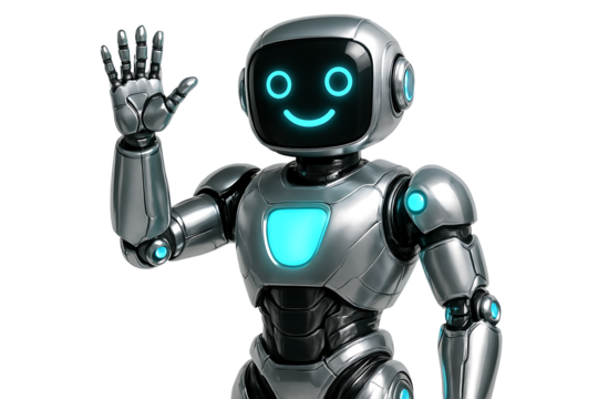The friendly metal robot raises its hand in a greeting gesture, featuring a bright, smiling blue digital face and polished chrome body, isolated on transparent background