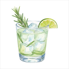 Rosemary gin cocktail with lime and ice, watercolor botanical drink art illustration
