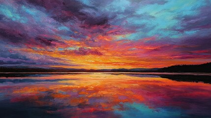 A vibrant sunset over a tranquil lake, showcasing a stunning palette of reds, oranges, purples, and blues. Fluffy, textured clouds reflect beautifully in the calm waters, creating a mirror-like surfac