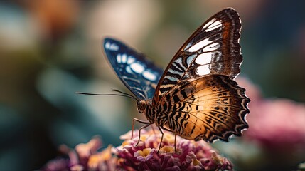A close-up photograph of a beautifully detailed butterfly perched on a vibrant flower, showcasing intricate patterns on its wings and vivid colors. The background is softly blurred, emphasizing the bu