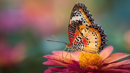 A vibrant butterfly perched delicately on a colorful flower, showcasing intricate patterns and vivid colors. The background is softly blurred with pastel hues, creating a dreamy atmosphere that enhanc