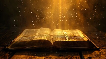 An open book is illuminated by a warm golden light, surrounded by floating particles that shimmer in the air. The pages of the book display intricate details, and the atmosphere is filled with a sense