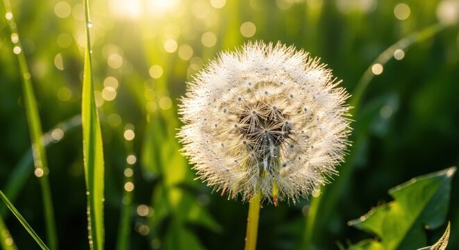 A dandelion seed head with dew drops on a grassy field.