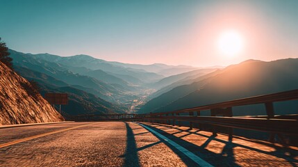 Embark on an epic journey driving through breathtaking mountain valleys bathed in the warm glow of a stunning sunset