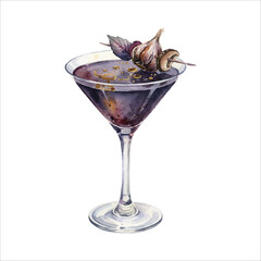 Black garlic martini cocktail, watercolor gourmet dark drink illustration on white background
