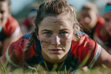 Determined female rugby player during team training on field